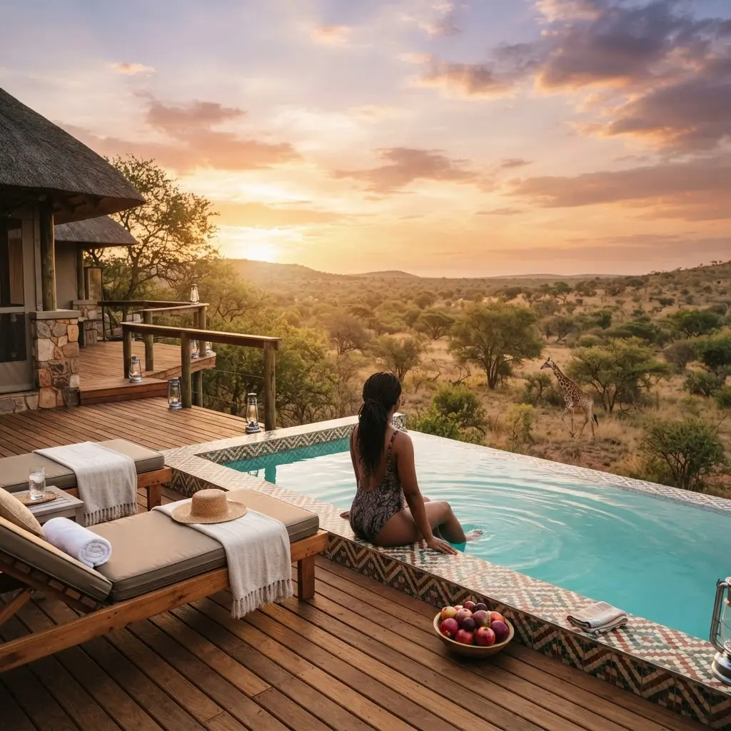 A woman relaxing at the edge of a bushveld lodge pool at sunset as a giraffe walks by